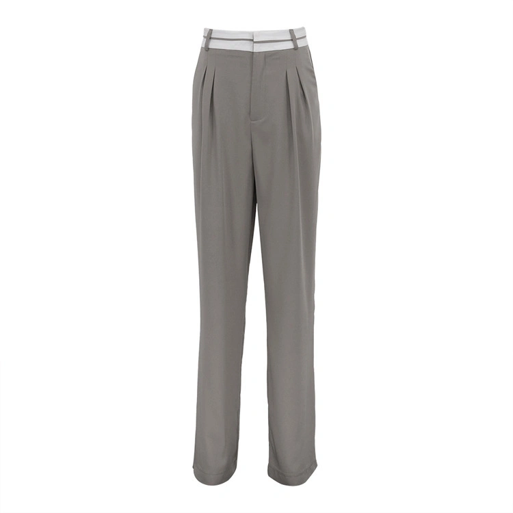 Fashion High Waist Straight Trousers Elegant Loose Gray Office Women Pants