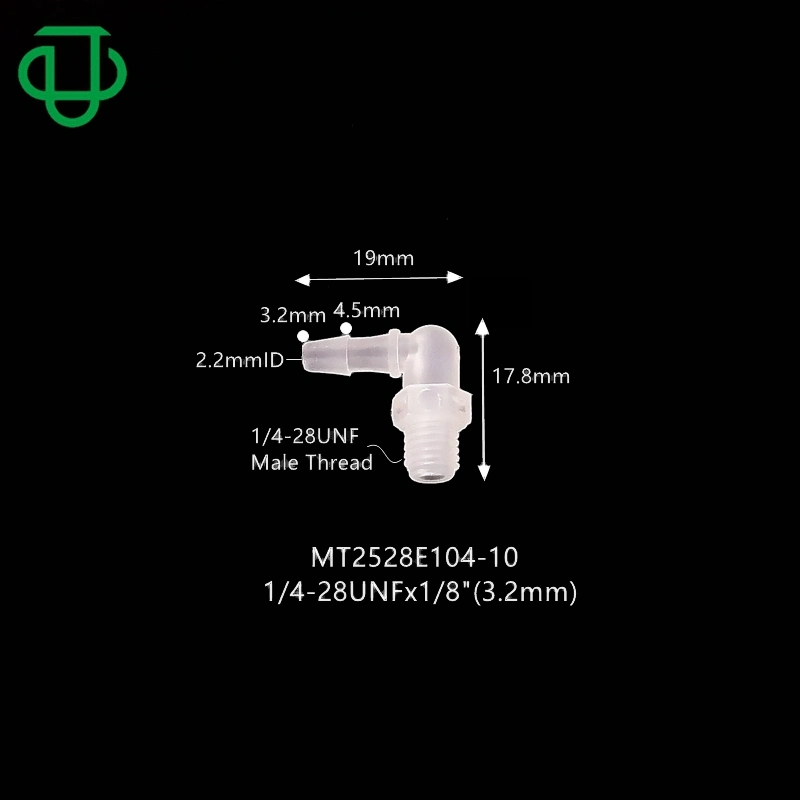 L-förmig Kunststoff, 9,5mm lang, 1/4-28unf Außengewinde, X 1/8“ (3,2mm) Schlauchanschlüsse mit Schlauchschellen für das Wasserluftsystem