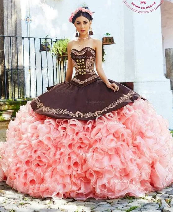 Sweetheart Ball Robes Ragazza Organza Ruffles Café Quinceanera Rosa vestidos Z3016