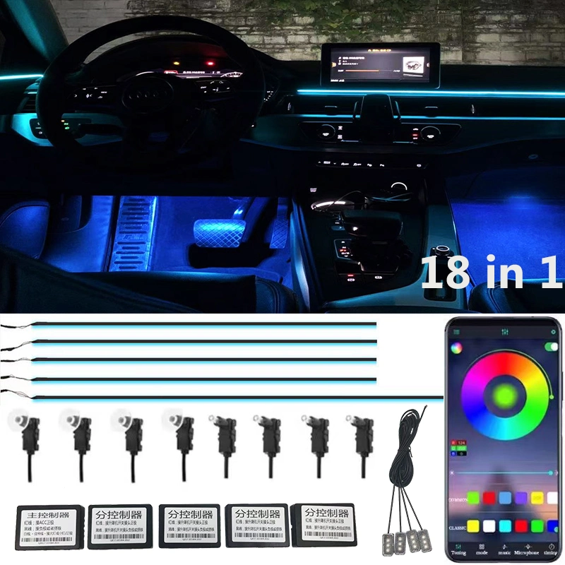 Luz ambiental coche Interior RGB LED Strip Luz con APP Control Fibra óptica acrílica, Multicolor Ambient Lighting Kits, Music Sync Rhythm, Sound Active Function