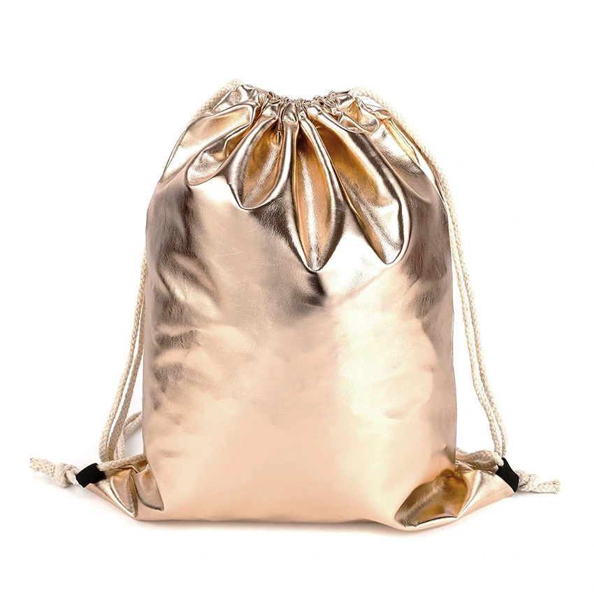 Luxury High Quality Gold Metallic PU Synthetic Leather Drawstring Bags