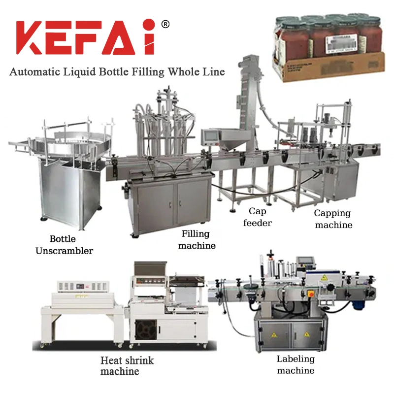 Kefai Machine de production d'emballage automatique linéaire pour le tri, le lavage, le dosage, le remplissage, le bouchage, l'étiquetage, le rétrécissement thermique et l'ensachage de bouteilles de liquide de sauce, de vinaigre et de confiture.