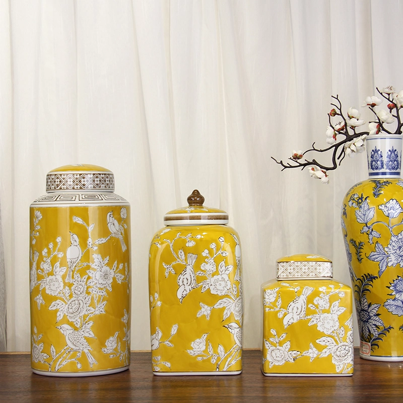 J250 Good Quality European Style Ceramic Cylinder Flower Vase Yellow Porcelain Jar Sets with Lid