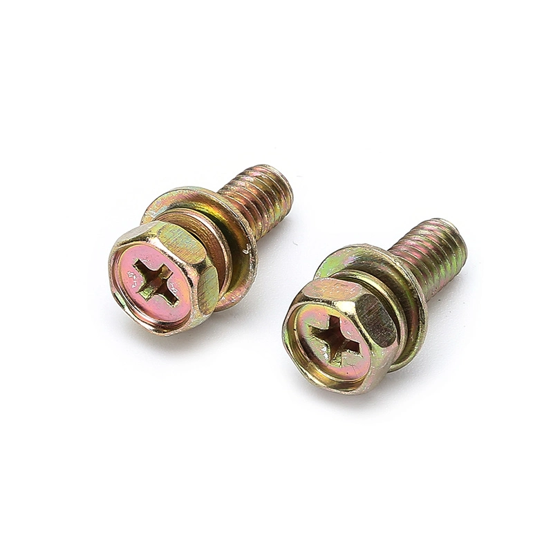 Grade 4.8 Stainless Steel Yellow Galvanized Phillips Drive Cross Recessed Hex Head Machine Screw Sems Screw with Spring Washer