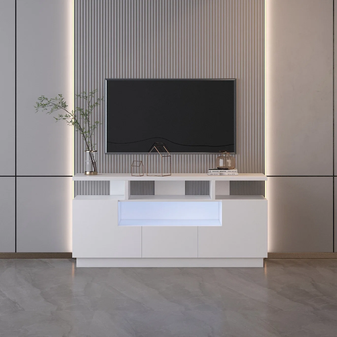 Home Furniture Living Room Modern Wooden UV TV Cabinet Unit Table White High Glossy LED Light TV Stands