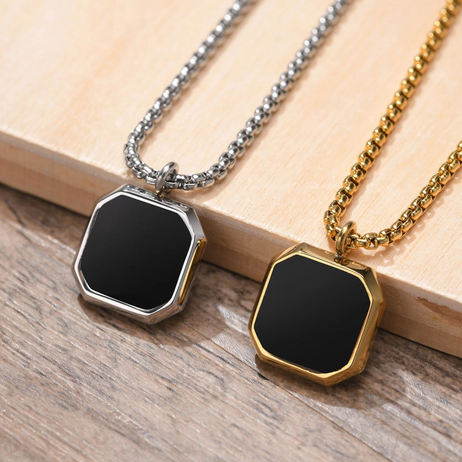 Stainless Steel Drop Glue Black Square Pendant Men's Hoodie Fold Wear Necklace Long Sweater Chain Accessories