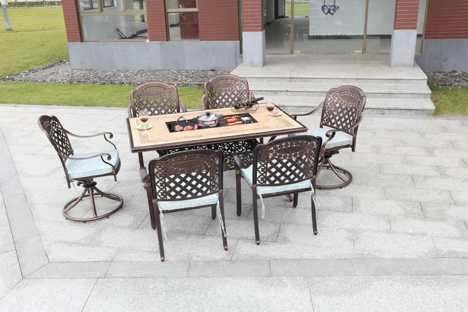 Muebles de Exterior Silla de Comedor Patio barbacoa Set de cerámica de la tabla barata Fogata BBQ Set