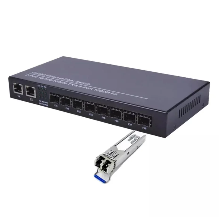 8 Port RJ45 Fiber Media Switch 10/100/1000m RJ45 Fiber Optical Media Converter 8 Port SFP with 2 RJ45 Gigabit Optical Fiber Ethernet Switch