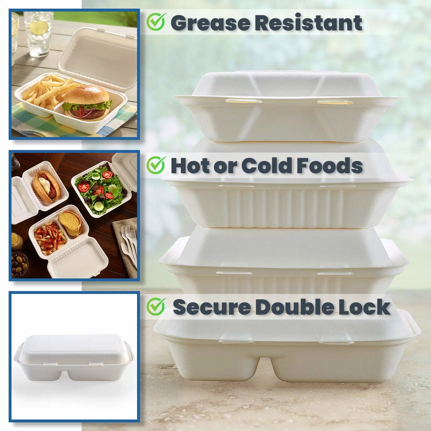 Bagasse Hinge Flap Portable Take-out Container, [6X6-Inch Pfas Free]-Biodegradable Compostable Disposable, Oil-Proof and Waterproof