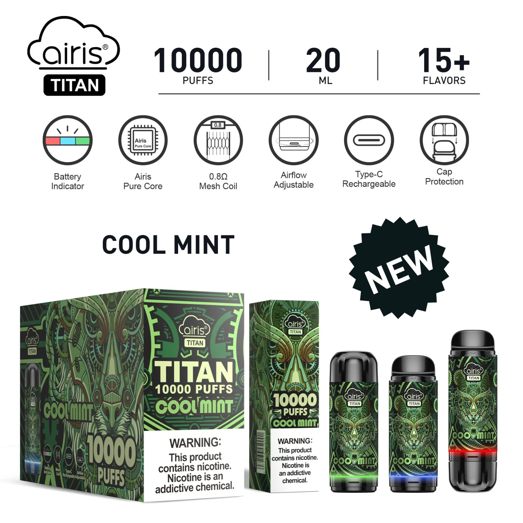 Original Airis Titan 10K Puff Bar E cigarette 10000 Puffs Stylo à tête Vape jetable