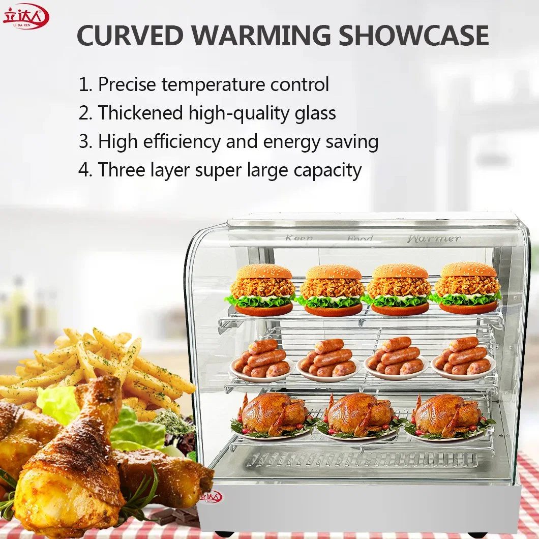 Kitchen Equipment Stainless Steel Commercial Curved Warming Display Showcase Glass Window Display Cabinet Food Warmer Restaurant Equipment Kitchen Cabinets