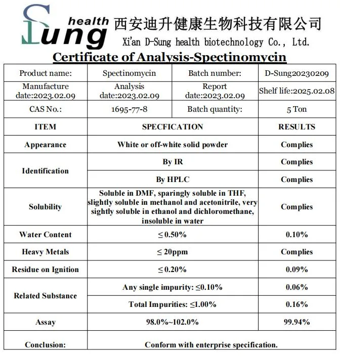 99% من مادة ثنائي كلوريد الكلوريد سداسي كلور البنزين HCl الأولية سبيكتينوميسين هيدروكلوريد مسحوق سبكتينوميسين