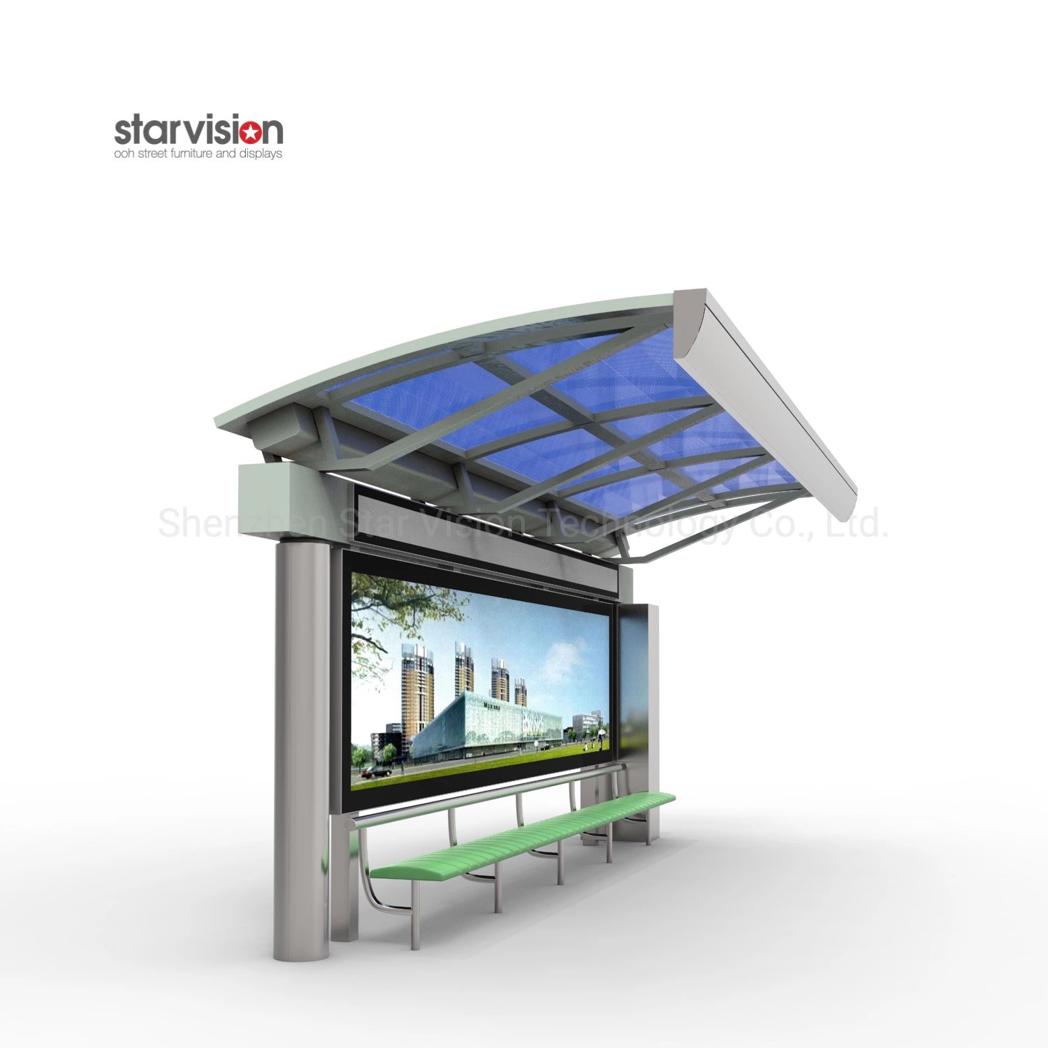 Stainless Steel Anticorrosion Advertising Bus Stop with Bench for Urban City