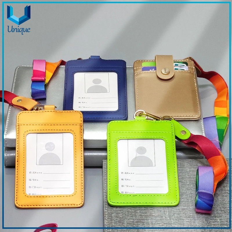 Cheap Free Sample Wholesale/Supplier Custom Fashionable PU Leather Name ID Card Badge Holder with Ribbon Lanyard