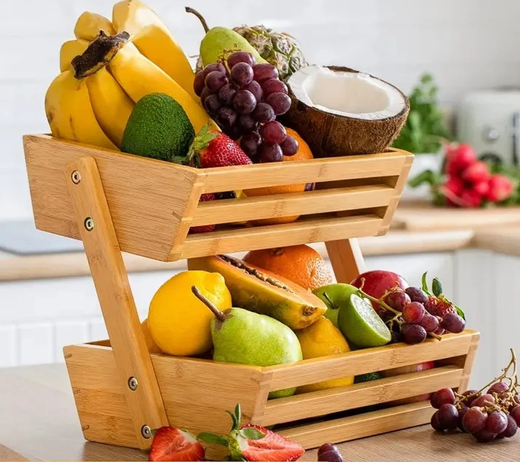 Kitchen Bamboo 2 Tier Fruit Vegetable Storage Basket Display