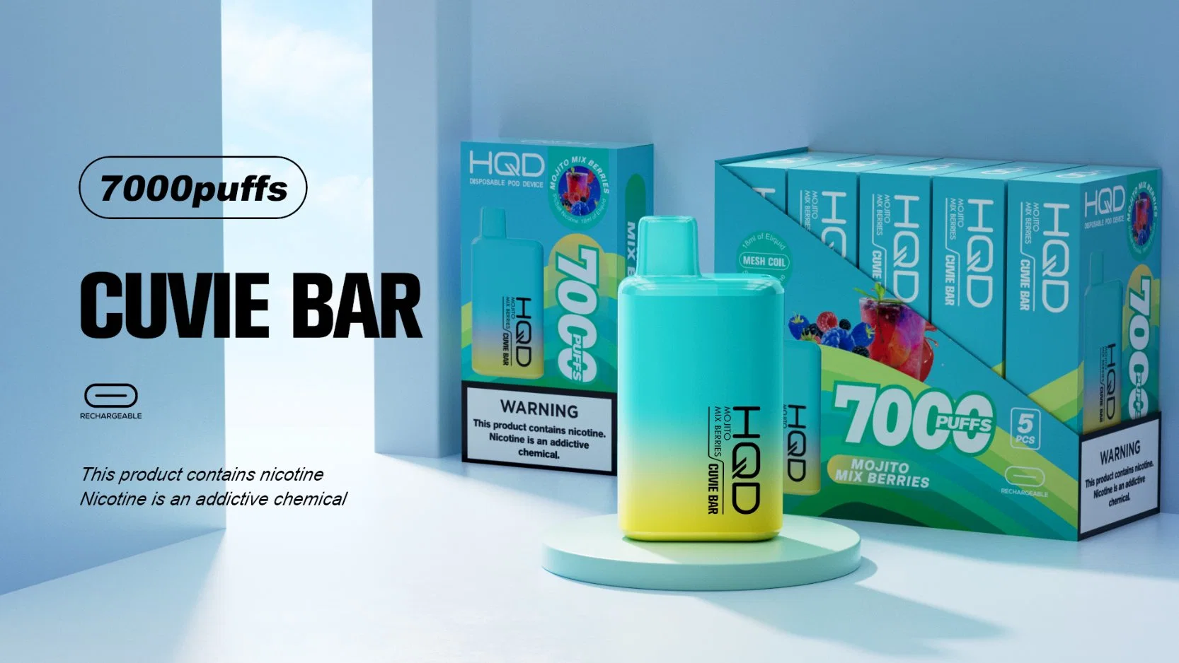 Caneta Vape Hqd Cuvie Bar 7000baforadas de cobalto puro recarregável Bateria descartável Superior do Motor Elétrico Vape Pod System e cigarros