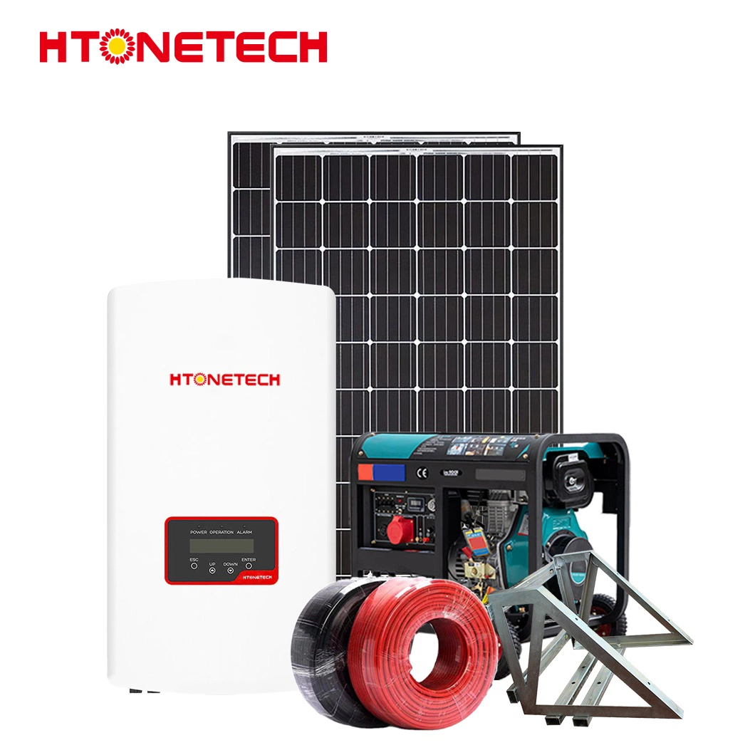 Htonetech Sonnenkollektoren monokristallal Lieferanten 4kw 5kw 8kw 10kw Wind Solar Hybrid Wechselrichter China 500W Solar Power System mit Diesel Generator 50 Kw