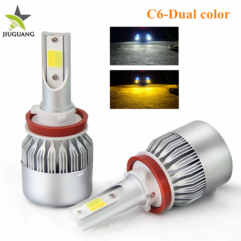 Dual Color Yellow Automobile Head Lamp H7 H11 9006 80W 1300lm H4 H13 Auto Car LED C6 Headlight Bulbs for Fog Light