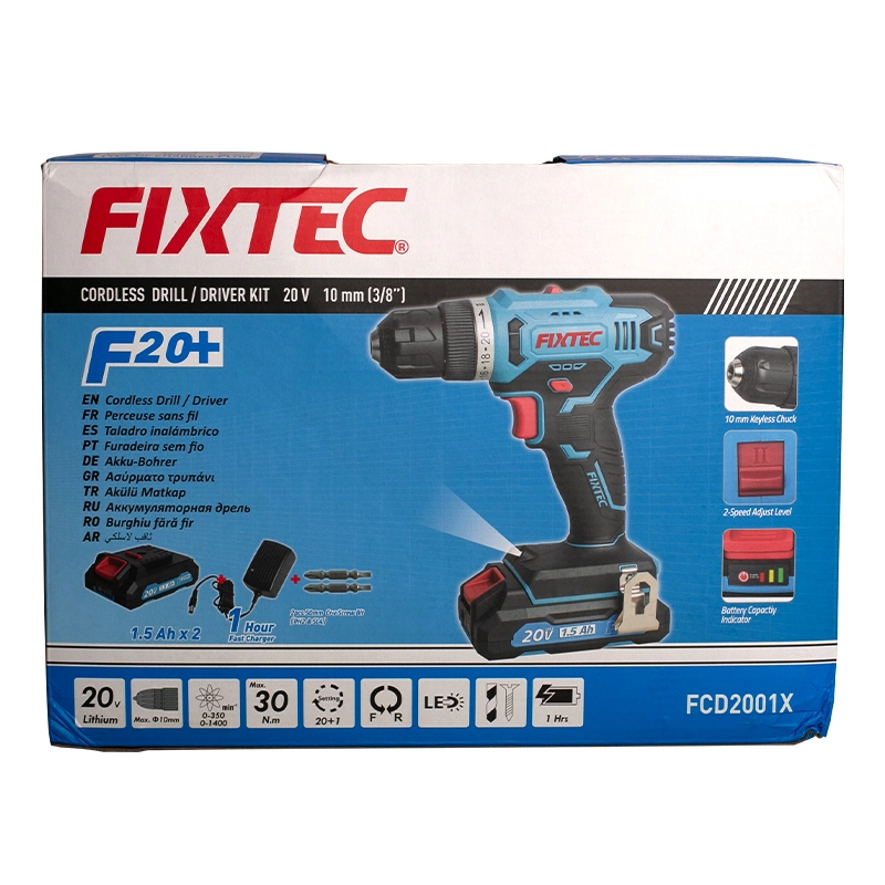 Fixtec Power Tools Drill 20V 2X1500mAh Li-ion Battery Impact Electric Cordless Drill