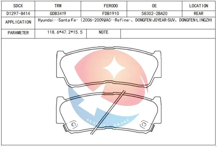 Sdcx D1297 D954-7853 58302-2ba00 58302-2ba20 58302-4AA0 Ceramic Brake Pad for Hyundai KIA