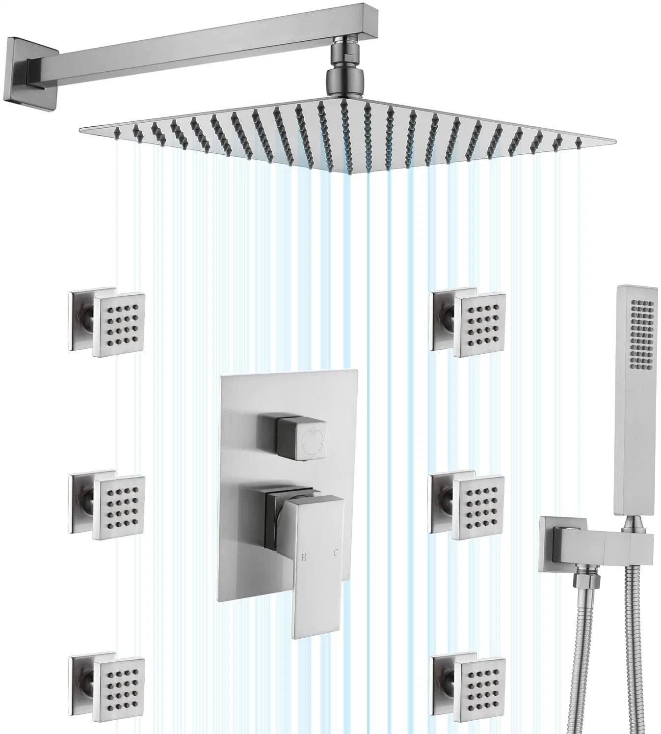 Brushed Nickel Brass Rainfall Shower System, Luxury 12 Inch Bathroom Wall Mount Shower Faucet Combo Set