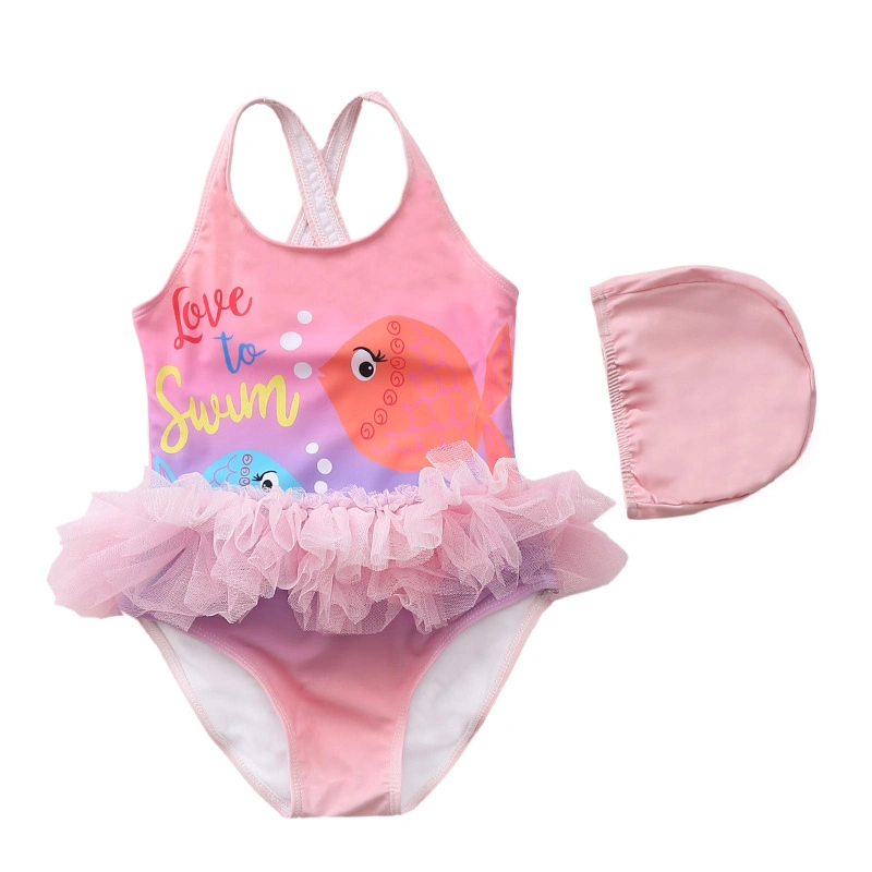 2-8y Infant Baby Girls Pink Swimsuit One Piece Kids Swimming Outfit Cartoon Fishes Children Swimwear Bathing Suit with Tulle Tutu Skirt/Dress