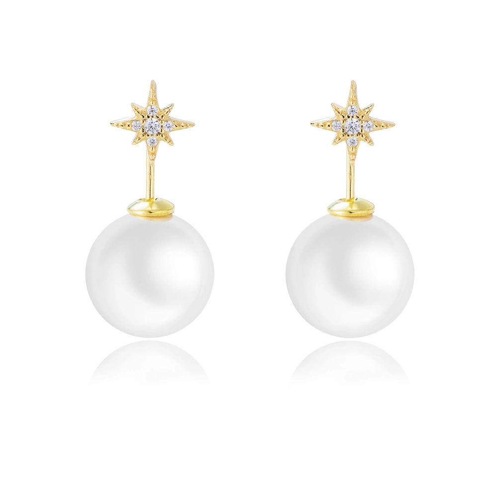 Simple Real Gold Plated CZ Split Starburst Mother of Pearl Stud Earring Jewelry