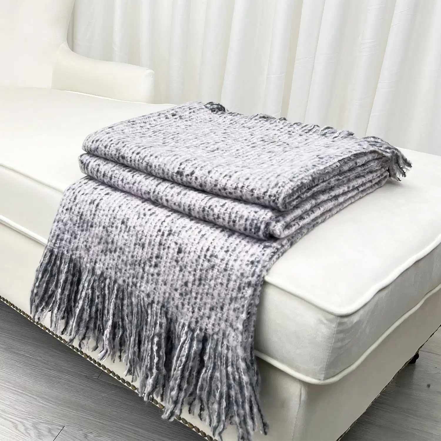 Custom Trendy Colourful Purple Marl Faux Wool Feel Travel Picnic Home Bed Sofa Couch Tassel Boucle Fringe Throw Lightweight Warmth Cosy Nap Blankets