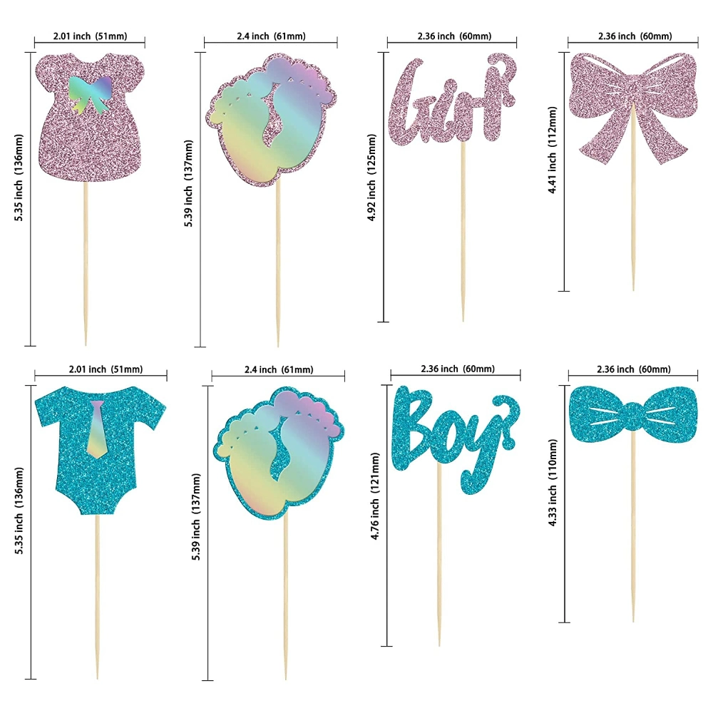 24 PCS Boy or Girl Cupcake Toppers Glitter Onesie Jumpsuit Footprint Bow Tie Cupcake Picks Baby Shower Kids Birthday Gender Reveal Party Cake Decorations Supply