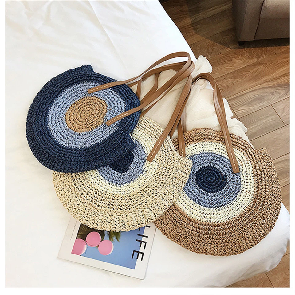 2021 Women Shoulder Handmade Woven Beach Female Message Handbag Summer Round Straw Tote Bag