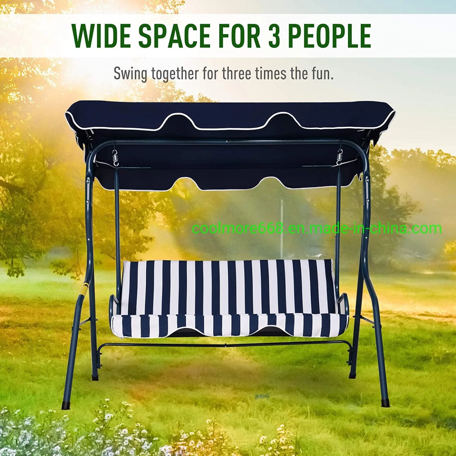 Top Selling 3 Sitzer Canopy Swing Chair Outdoor Gartenbank Mit Sun Cover Metallrahmen - Blue Stripes