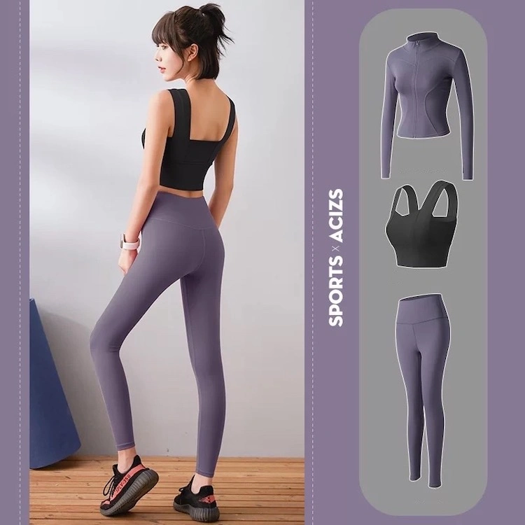 New Arrival 3 Pieces Afforable Matching Workout Sets Modest Active Wear for Women, Comfy Long Sleeve Jacket Top + Yoga Bra + Leggings Gym Clothes