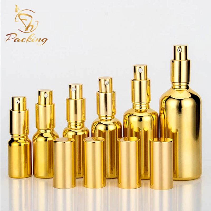 5ml 10ml 15ml 20ml 30ml 50ml 100ml galvanisierte Gold in bester Qualität Glas Tropfflaschen Haaröl Ätherisches Öl Glasflasche Spray Pumpe