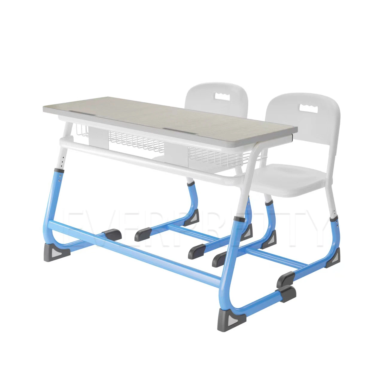 Étude collaborative STEM en classe de l'école primaire, du collège et du lycée K1-K12 avec bureau simple ou double, fixe ou réglable en hauteur, accompagné d'une chaise et d'un emplacement pour stylo.