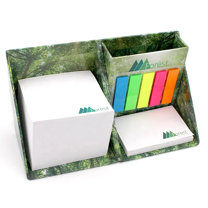 Hochwertige Recycling Sticky Note Set Umweltfreundliche Faltbare Quadratische Würfel Memo Kraftpapier Box mit Stifthalter