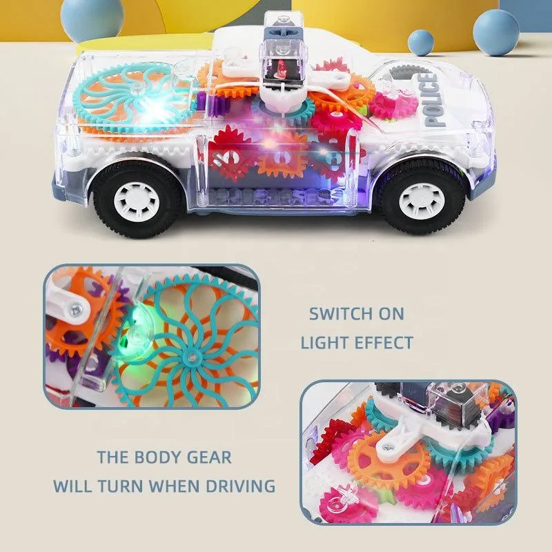 Nova engrenagem transparente música leve Universal Electric Battery Electrical Kids Brinquedo de carro transparente Concept