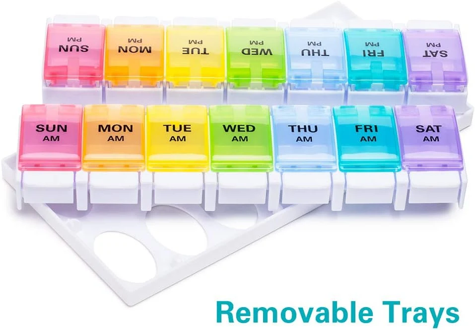 7 Days Am Pm Pill Organizer - 2 Times a Day Large Weekly Pills Case, Morning and Night Pill Boxes with Unique Push-Button Pop Open Design Hold Vitamin, Medicine