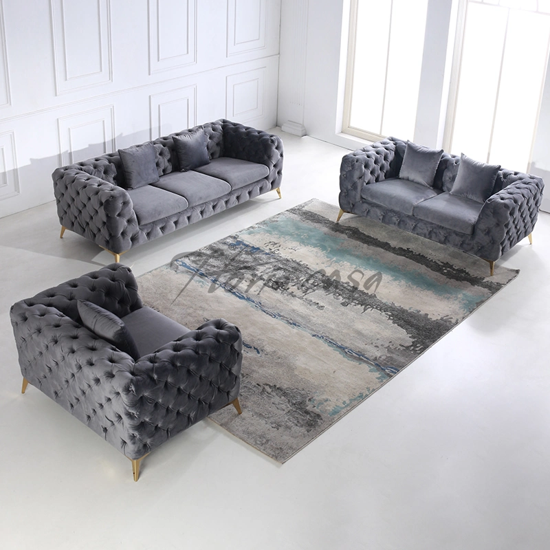 Venta caliente China fabricante de muebles hogar Salón clásico Chesterfield el lujo moderno sofá de terciopelo con carácter de tela