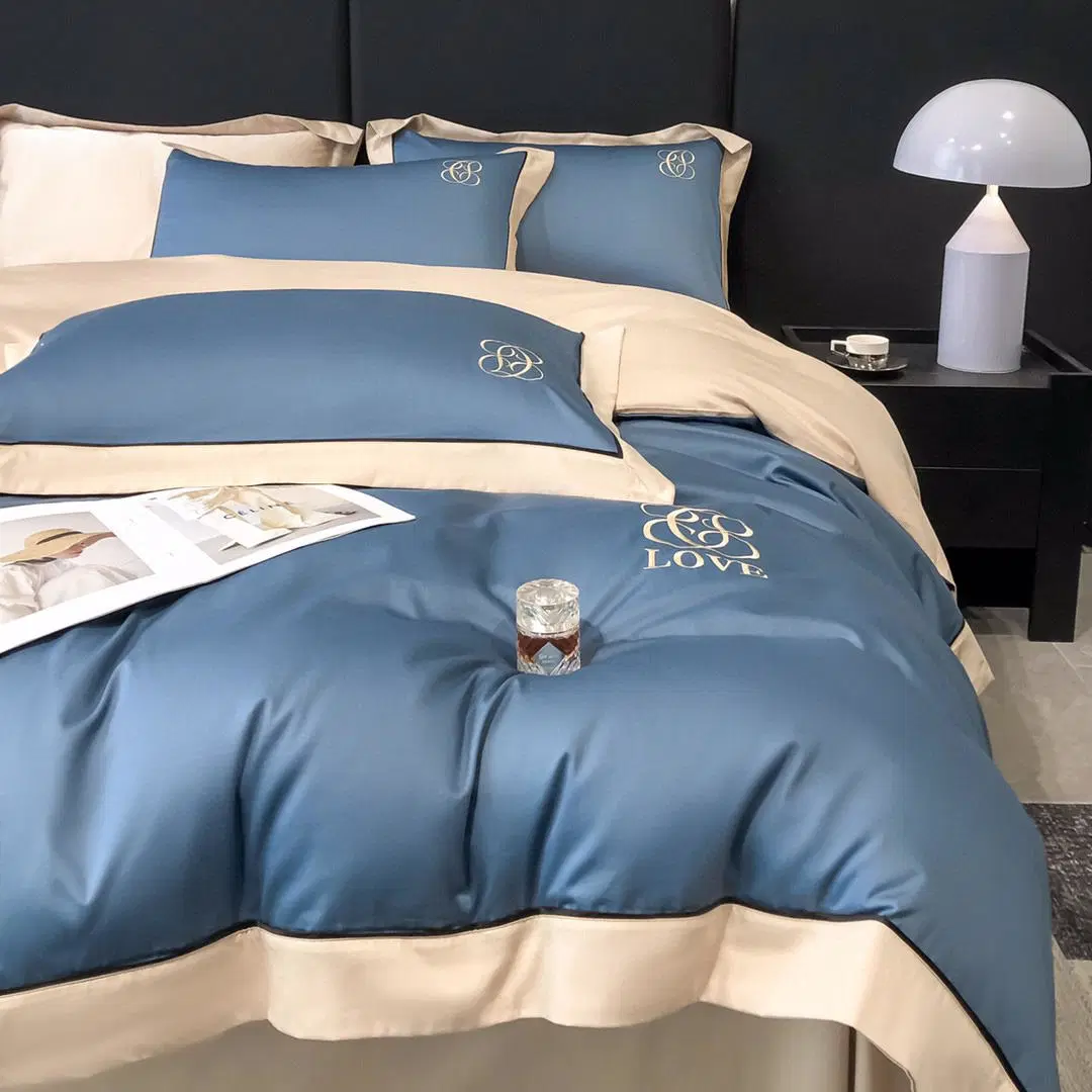 Mayorista Azul simple Hogar Textil piel-amigable sólido Color edredón Funda 100% algodón sábanas ajustadas almohada tamaño queen Cajas ropa de cama