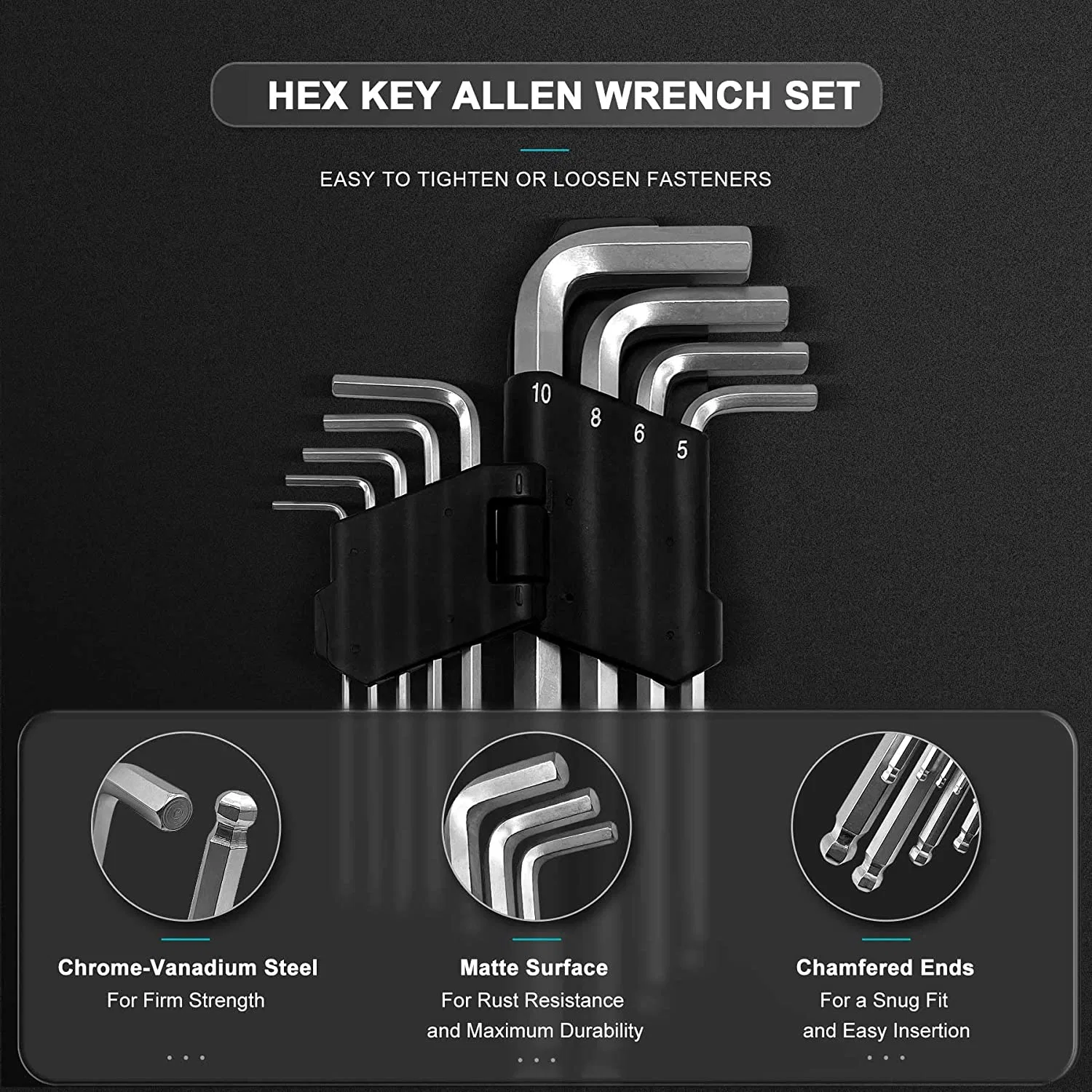 Hex Key Allen Wrench Set Ball End Hex Key Set Metric L-Wrench 9-Piece Chrome Vanadium Steel Industrial Grade Strength Helping.