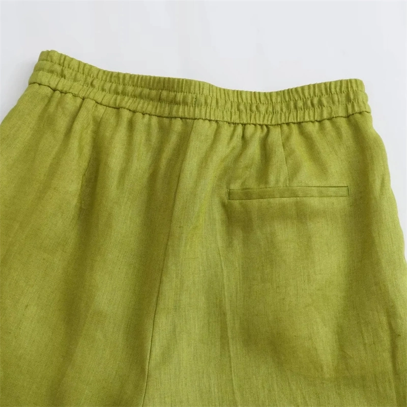 2023 Autumn New Pajama Style Linen High Waist Trousers Olive Green Elastic Waist Beaded Casual Pants