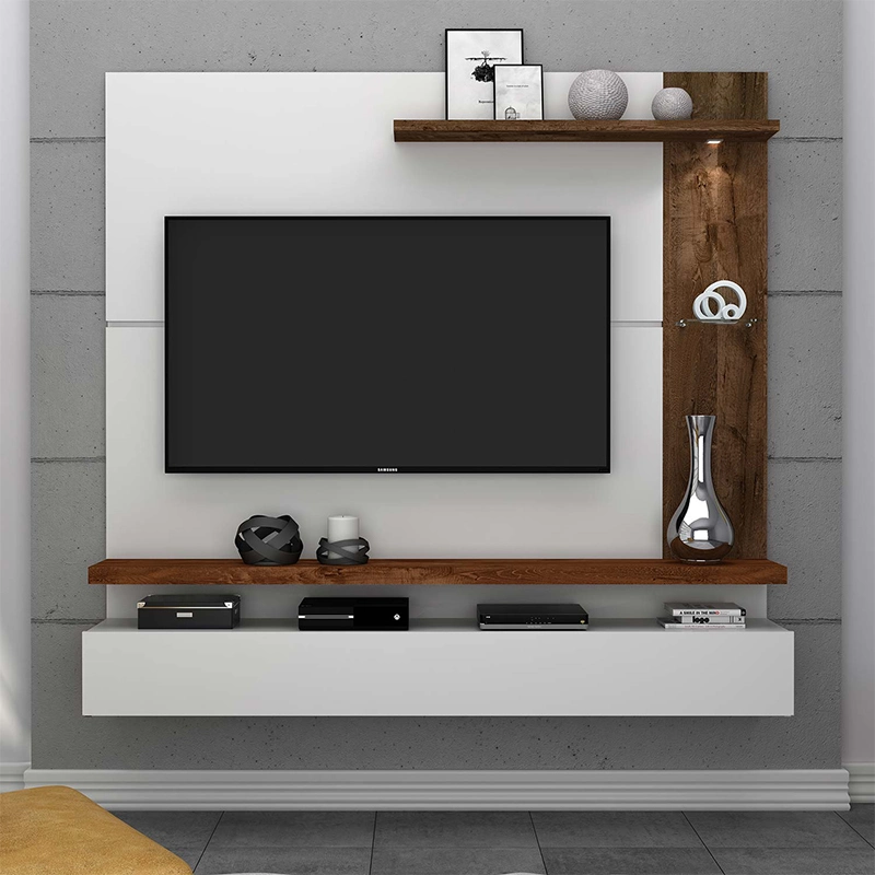 Plaques de bois blanc moderne, supports en acier inoxydable, table basse, meuble TV.