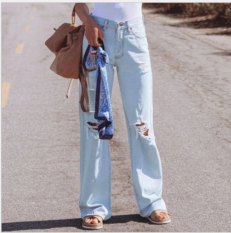 New Style Fashion Washed Ripped Jeans Women's High-Waist Loose Jeans