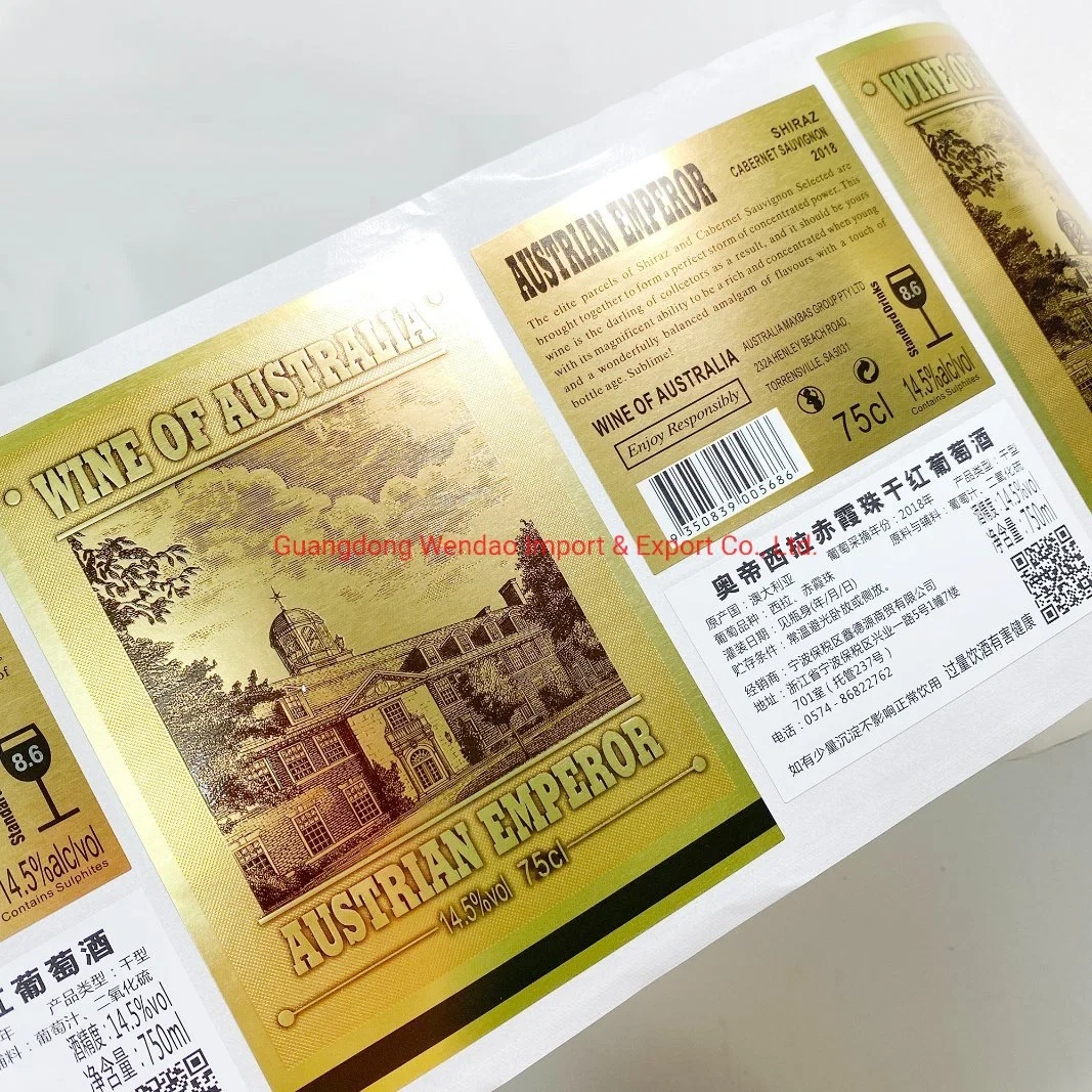 Imperméable Logo rouleau personnalisé bouteille d'emballage de luxe en relief les étiquettes de feuille d'or des autocollants pour bouteille de vin d'impression