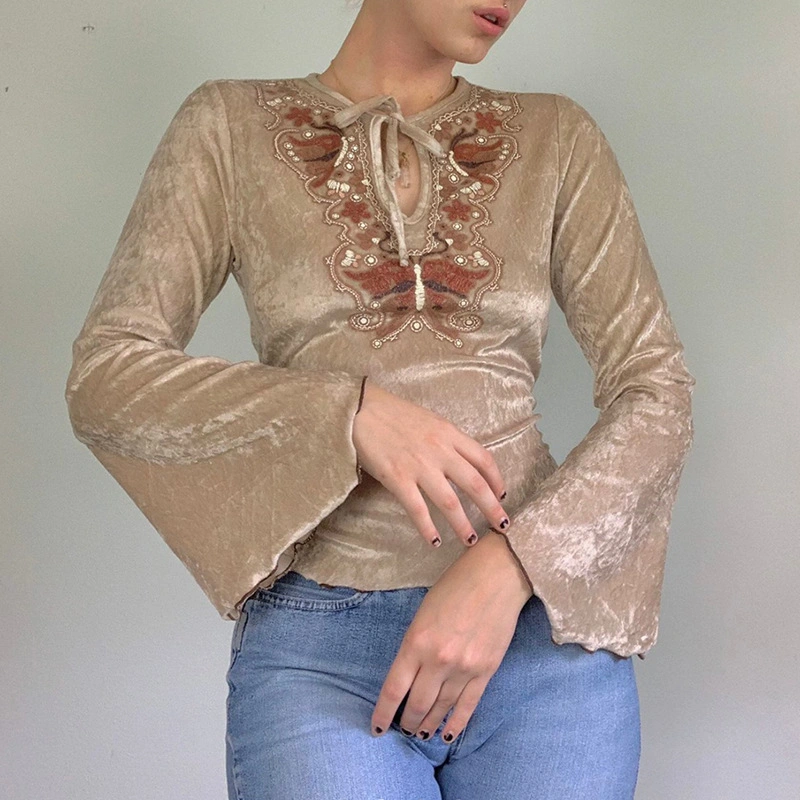 Embroidery Crew Neck with Strap Women Casual Velvet Shirts for Women