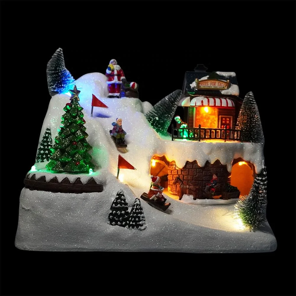 LED Light up Xmas Scene Fiber Optic Resin Musical Animated Christmas Village with Rotating Train and Skater Ornament