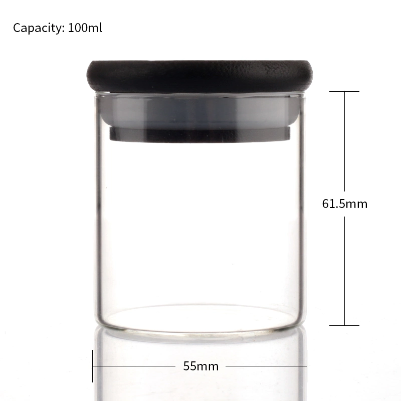 Custom de borosilicato de alta 100ml vaso pequeño de almacenamiento de especias Sal Azúcar frascos con tapas herméticas de bambú negro