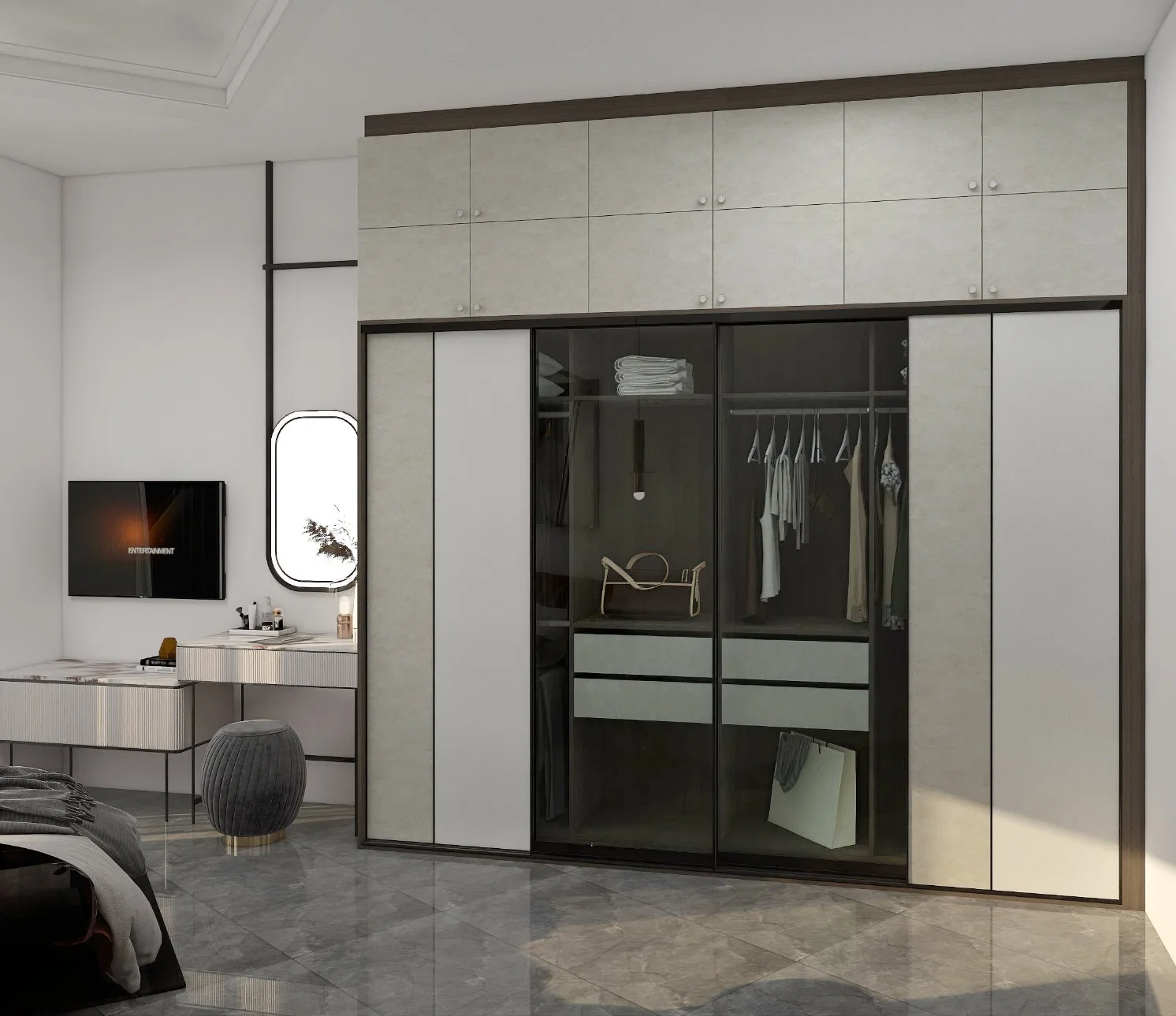 Italian Style Open Cloakroom Wardrobe Cabinet Aluminum Frame Glass Door Walk in Wardrobe Clothes Closet