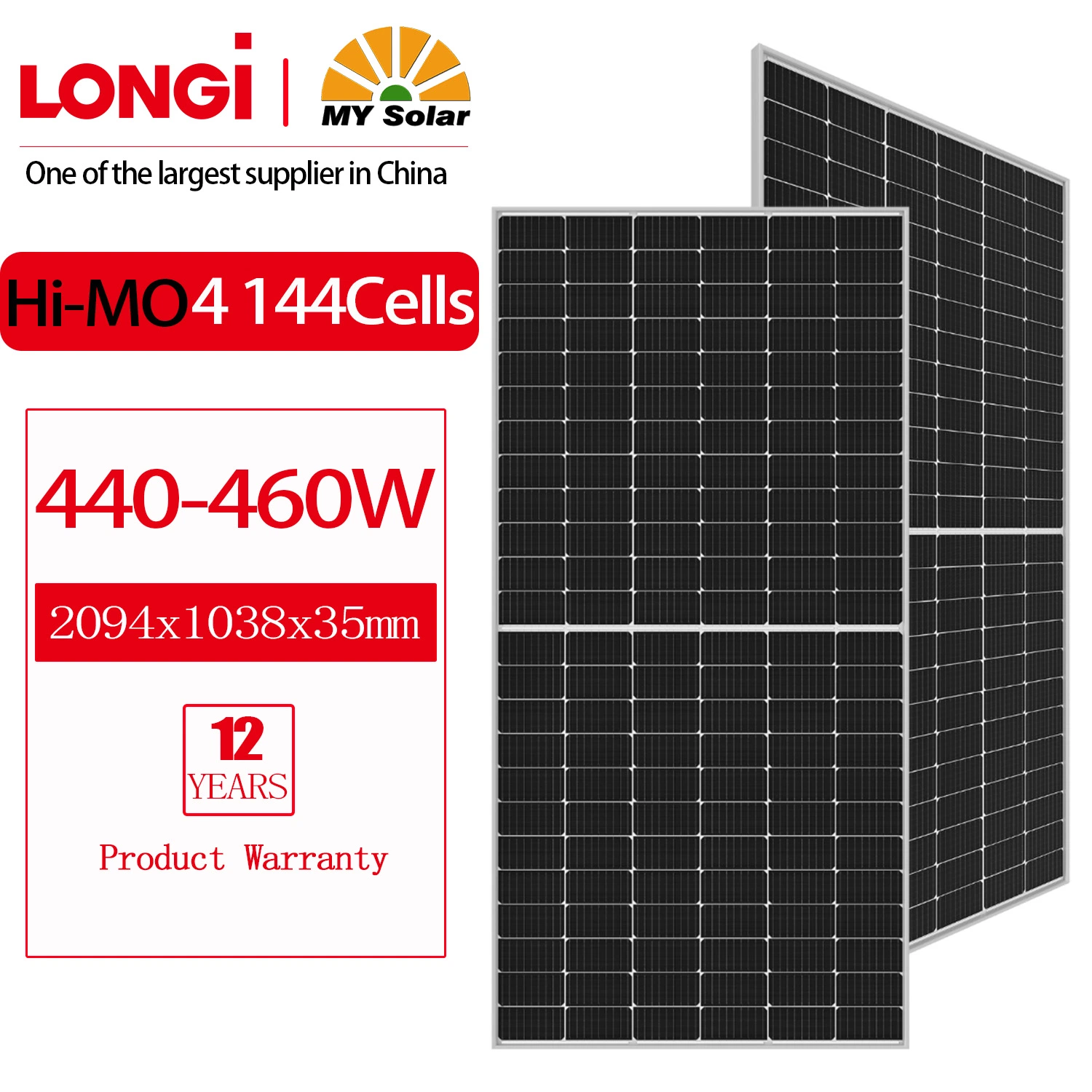 Longi/MySolar Hi-Mo-4 Solar Half Cell 9Bb Solar PV Module Mono Panel Solar 440W 445W 450W 455W 460W Paneles Solares para Sistema de alimentación doméstica