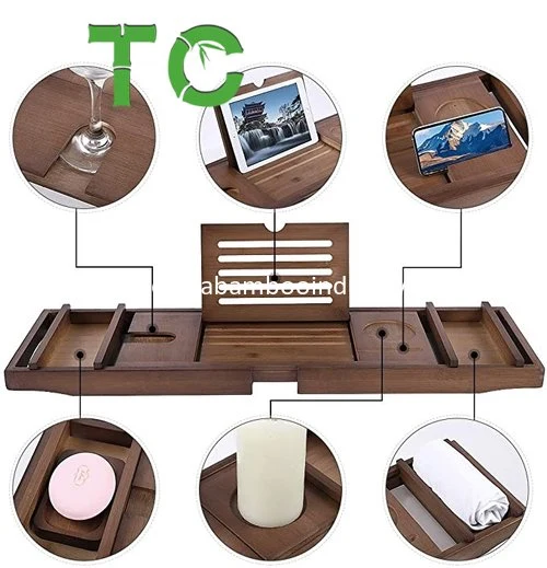 Cheap Price Brown Bamboo Bathtub Tray Caddy with Book Tablet Stand Wine Glass Candle Phone Holder Soap Dish Non-Slip Extending Sides Bathroom Organizer